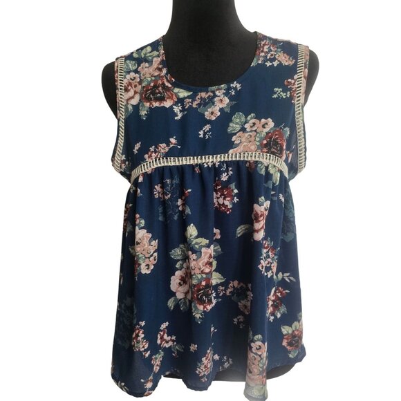 Liberty Love babydoll Floral Sleeveless Top Womens Medium Blue & Pink Rayon Blen - Picture 3 of 8